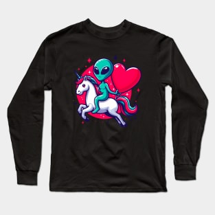 Funny Valentine Day Believer Ufo Alien Riding Unicorn Long Sleeve T-Shirt